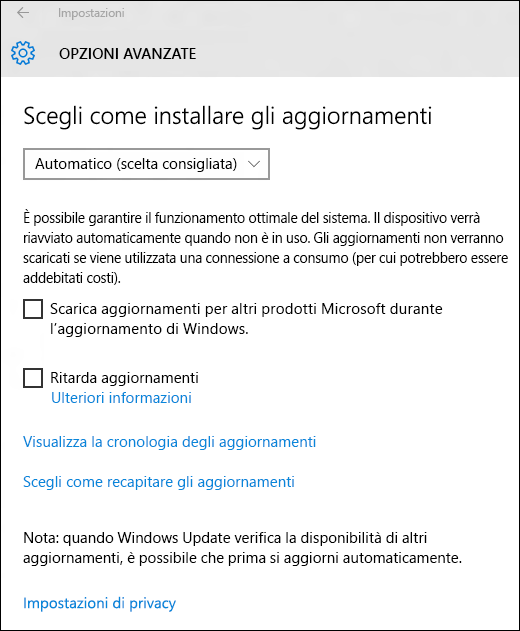 Pagina delle impostazioni avanzate per Windows Update