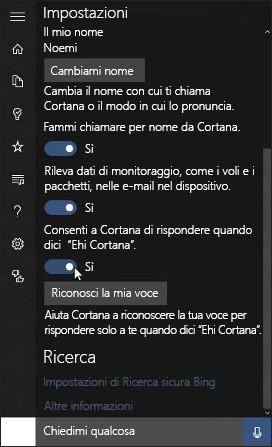 Schermata di Cortana che mostra le impostazioni.