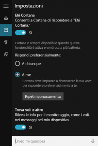 Impostazioni Cortana su Windows 10