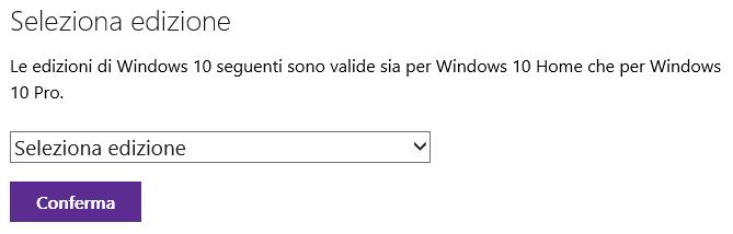 Seleziona edizione Windows 10 da scaricare