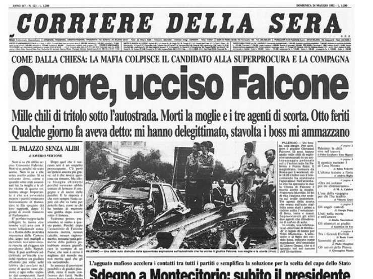 Orrore, ucciso Falcone: così titolava il Corriere della Sera nel 1992